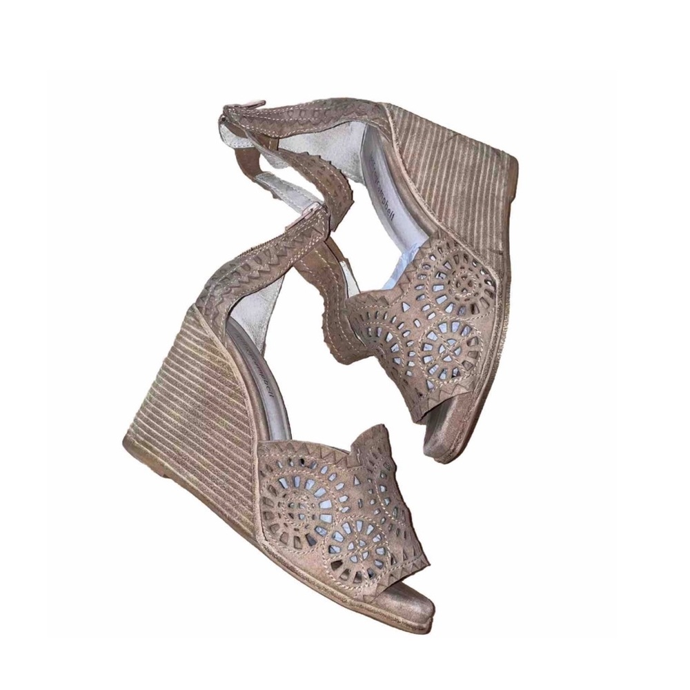 Jeffrey Campbell Tan Suede Perforated Wedge Sandals size 7.5 Bohemian Old Money